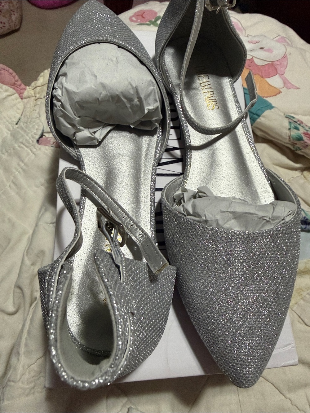 Sparkle Pointed-Toe Ankle Strap Flats in Silver
